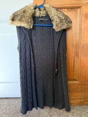 The Limited Charcoal Cable Knit Vest with Faux Fur Collar